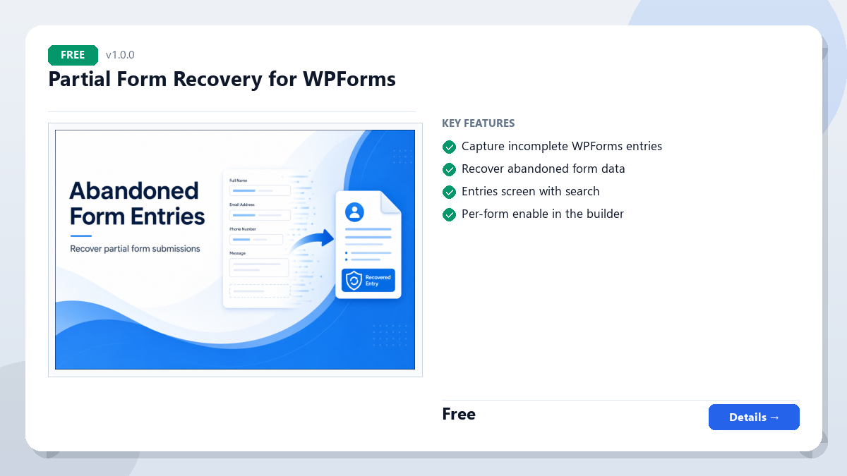 Partial Form Recovery for WPForms