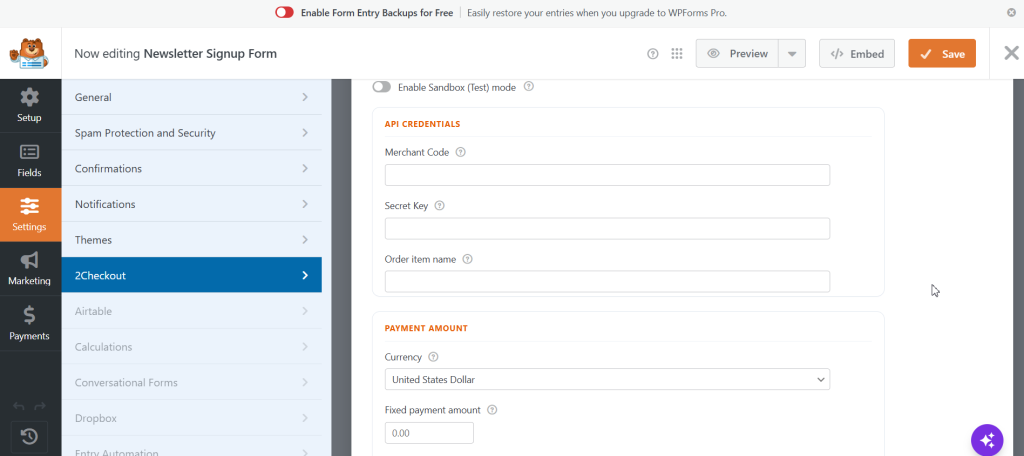 Thenameda Form Payments with 2Checkout for WPForms screenshot 6