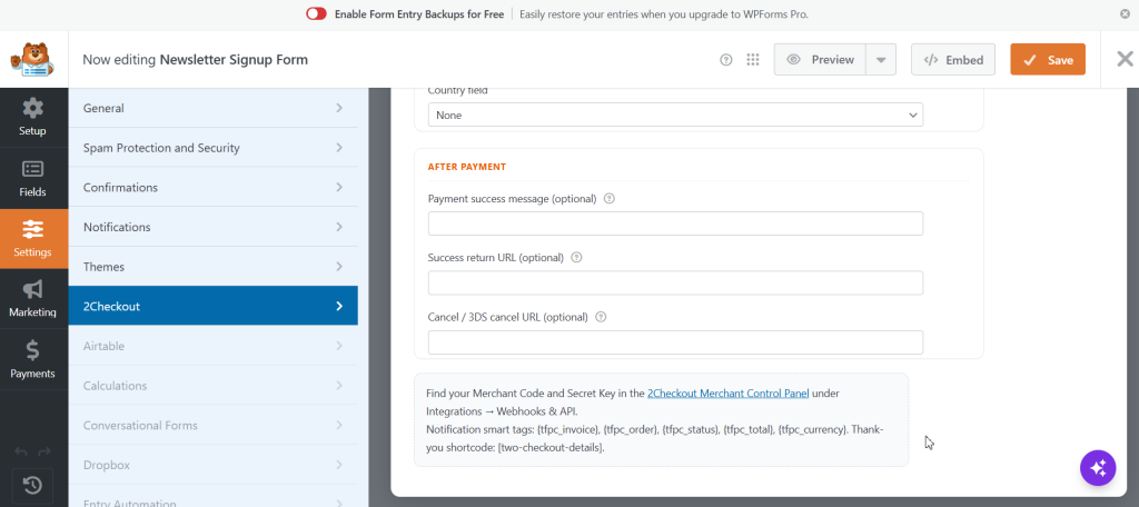 Thenameda Form Payments with 2Checkout for WPForms screenshot 3