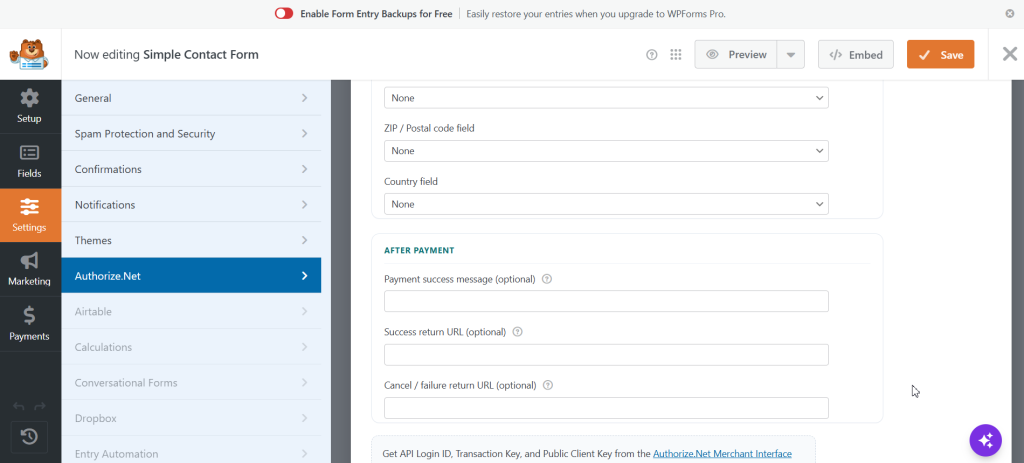 Payments with Authorize.Net for WPForms screenshot 4