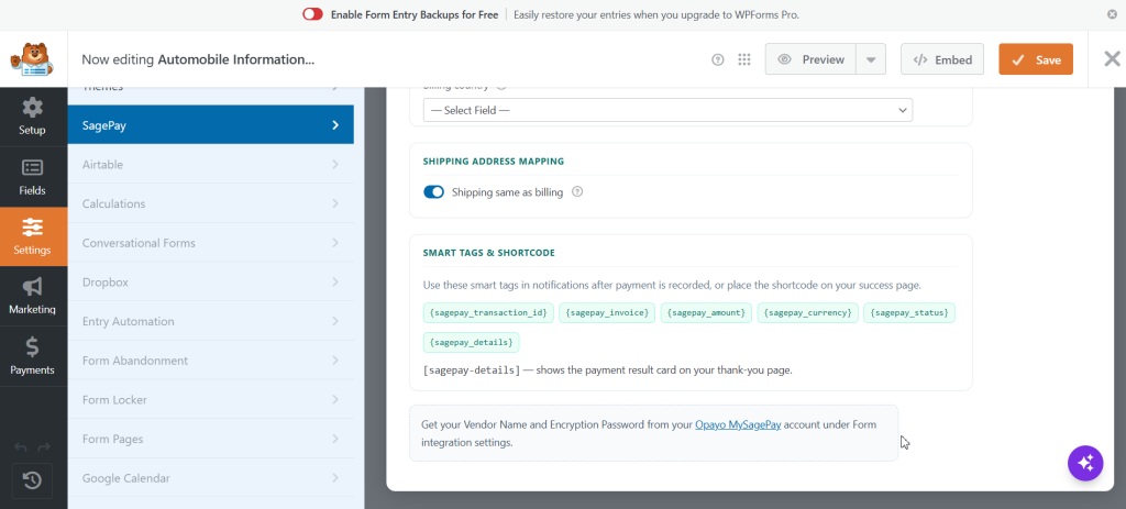 Payments with SagePay for WPForms screenshot 3
