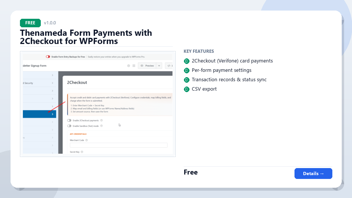 Thenameda Form Payments with 2Checkout for WPForms