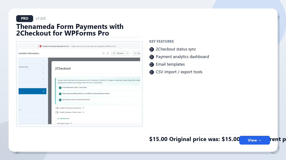 Thenameda Form Payments with 2Checkout for WPForms Pro