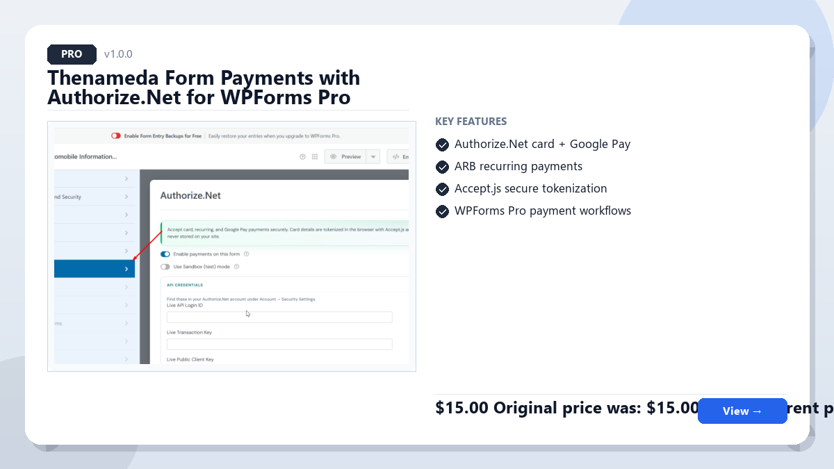 Thenameda Form Payments with Authorize.Net for WPForms Pro
