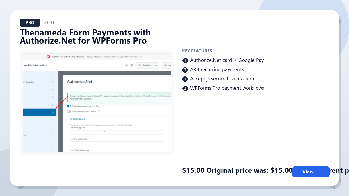 Thenameda Form Payments with Authorize.Net for WPForms Pro