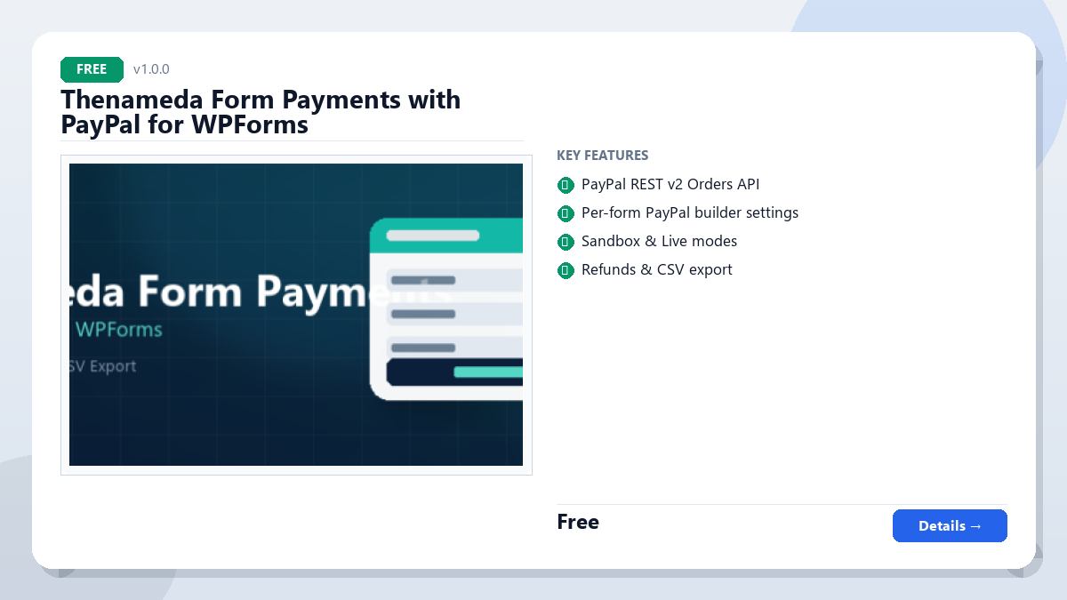Thenameda Form Payments with PayPal for WPForms