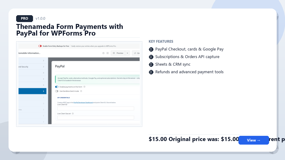 Thenameda Form Payments with PayPal for WPForms Pro