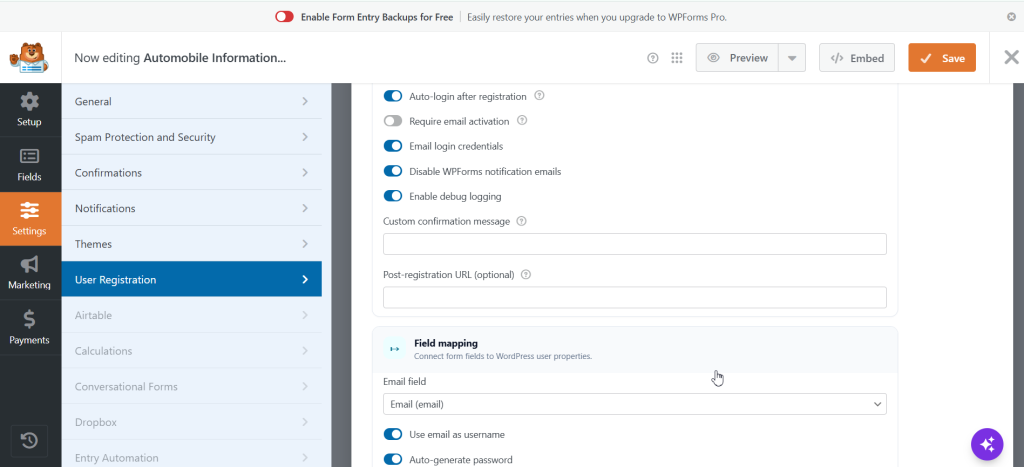User Registration for WPForms screenshot 2