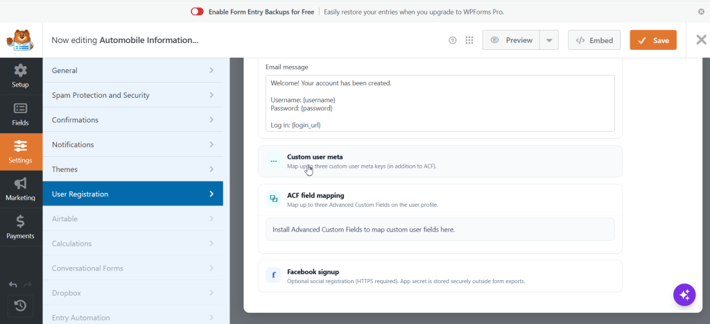 User Registration for WPForms screenshot 3