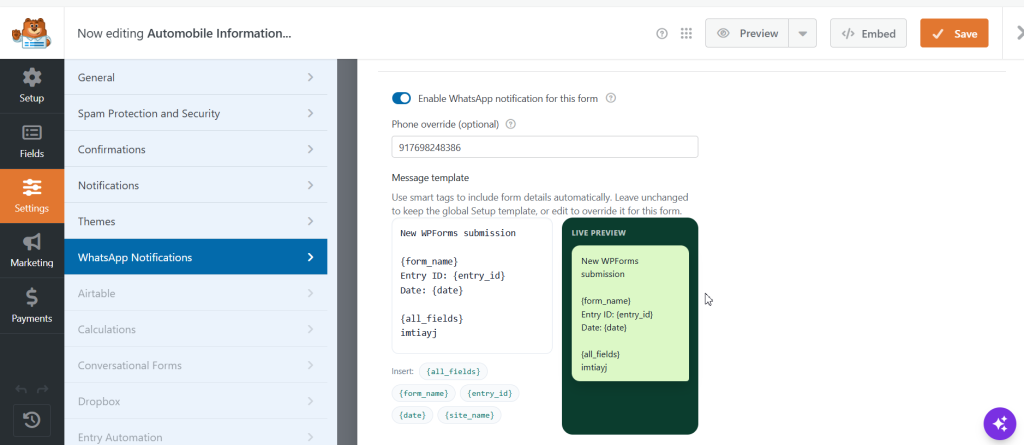 WhatsApp Notifications Pro for WPForms screenshot 1